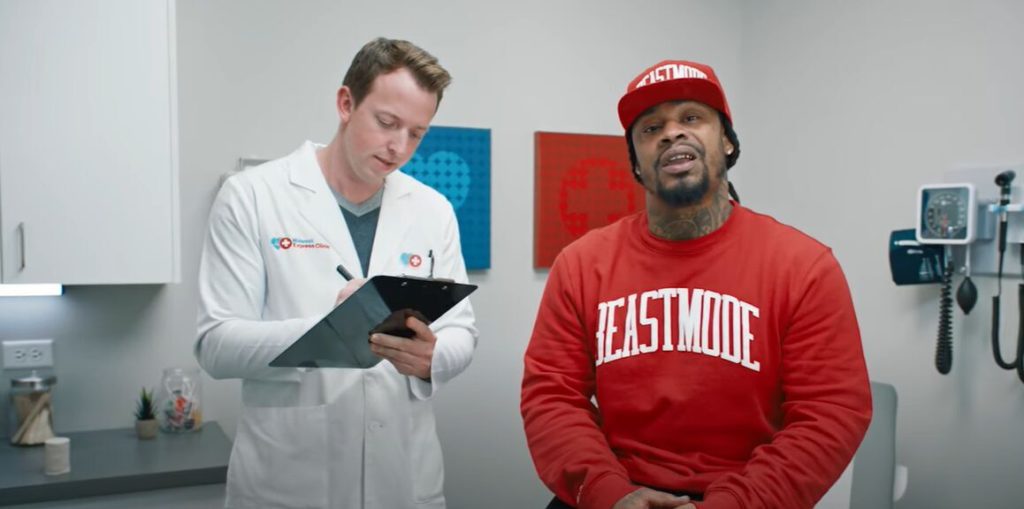 Marshawn Lynch in Midwest Express Clinic Super Bowl commercial